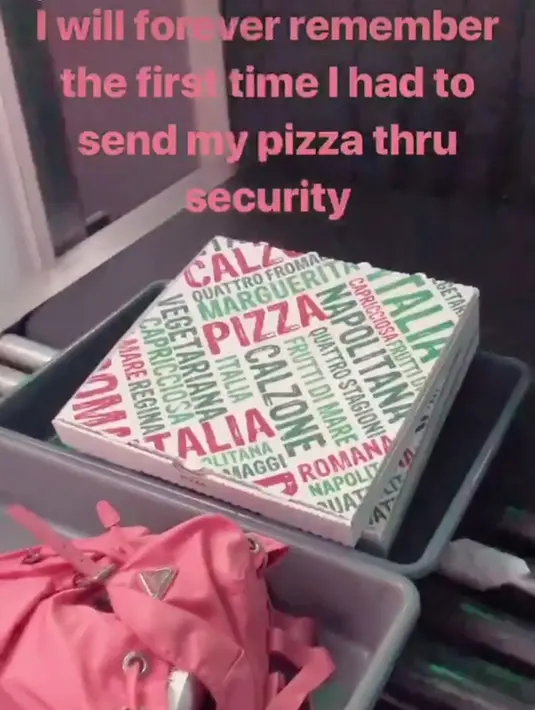 "Aku selamanya akan ingat pertama kali membawa pizza ke airport," tulis Bella. (instagram/bellahadid)