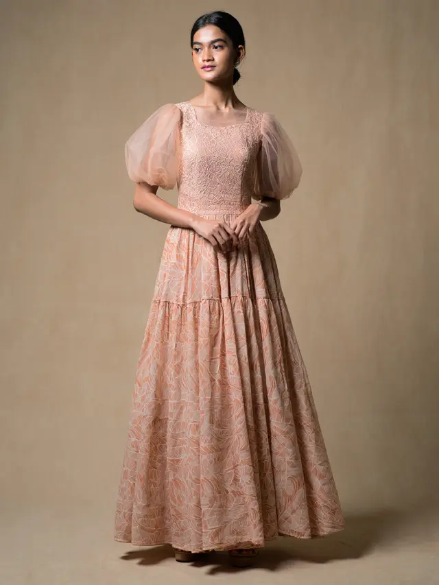Dress Batik Brokat Lengan Puff Transparan Tulle