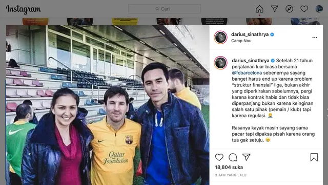 Unggahan Darius Sinathrya soal Lionel Messi. (Foto: Instagram @darius_sinathrya)