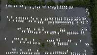 Sebuah gudang mobil pribadi terendam air banjir setelah hujan lebat, di Greater Noida, pinggiran New Delhi, India, Rabu, 26 Juli 2023. (AP Photo/Piyush Nagpal)