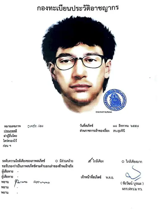 Kepolisian Thailand merilis sketsa wajah terduga pelaku peledakan bom di dekat Kuil Erawan, Bangkok, Rabu (19/8/2015). Sedikitnya 20 orang tewas, termasuk satu warga Indonesia dalam ledakan tersebut. (REUTERS/Royal Thai Police)