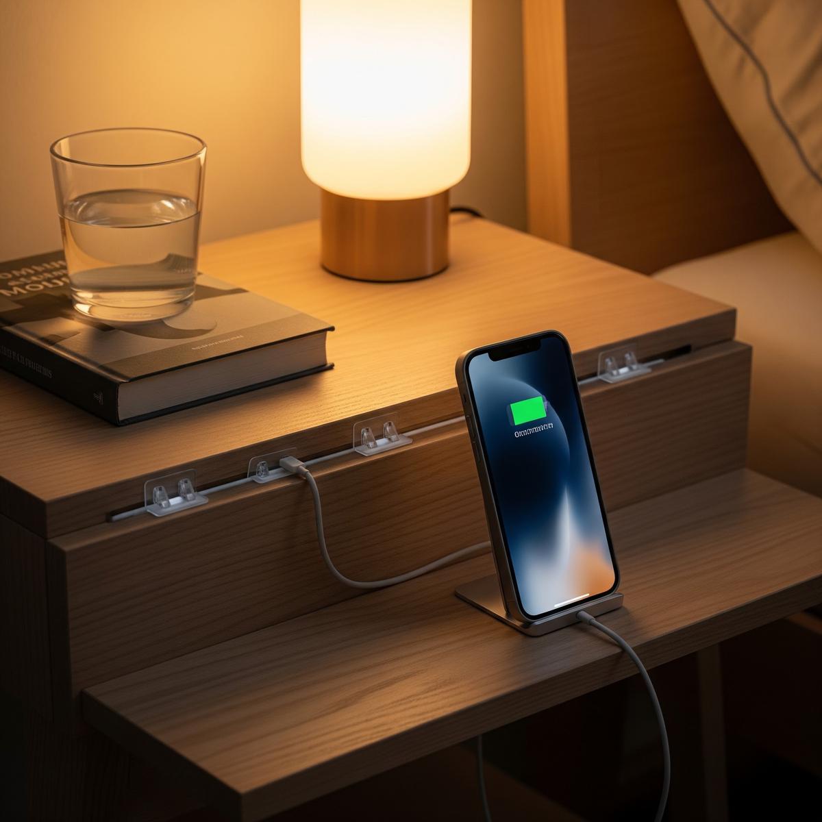 Menata Kabel Charger agar Meja Samping Tempat Tidur Rapi (AI Generated)