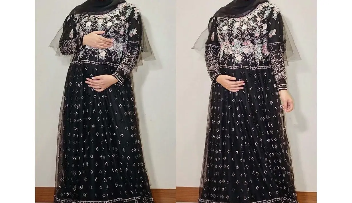 Dress bumil yang penuh detail bunga dari Asky Febrianti ini juga tak kalah cantiknya. Meski berwarna hitam, aplikasi bunga yang penuh warna memberi sentuhan segar. (Foto: Instagram @erichalamin)