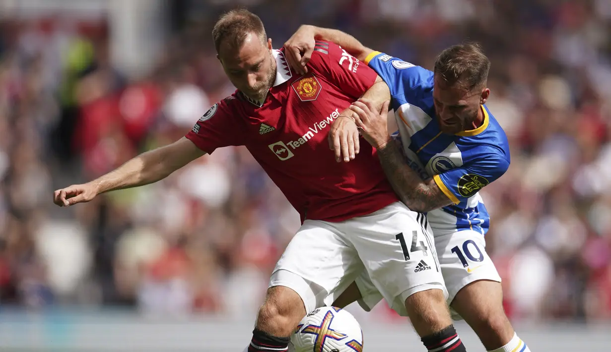 Secara keseluruhan, duel Manchester United menghadapi Brighton and Hove Albion berjalan sengit sepanjang 90 menit. Christian Eriksen dkk mampu menguasai permainan dengan torehan 63 persen penguasaan bola dan berhasil melepaskan total 17 tembakan ke gawang lawan berbanding 15 milik Brighton. (AP/Dave Thompson)