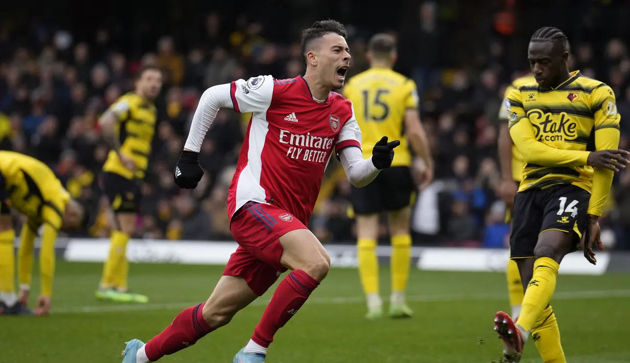 Gabriel Martinelli. Sayap kiri Brasil berusia 20 tahun yang kini memasuki musim ke-3 bersama Arsenal ini dipromosikan dari tim U-21 ke tim utama The Gunners pada awal musim 2019/2020. Di musim 2021/2022 ini ia telah mencetak 5 gol dan 2 assist dalam 17 laga di Liga Inggris. (AP/Matt Dunham)