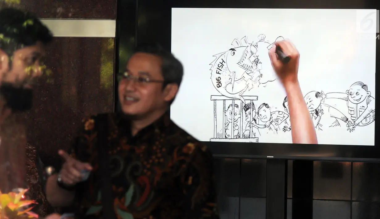 Sebuah layar monitor karikatur pemberantasan korupsi yang terpasang di lobi Gedung KPK, Jakarta, Selasa (20/3). Karikatur tersebut sebagai contoh proses pencegahan korupsi sejak dini. (Merdeka.com/Dwi Narwoko)