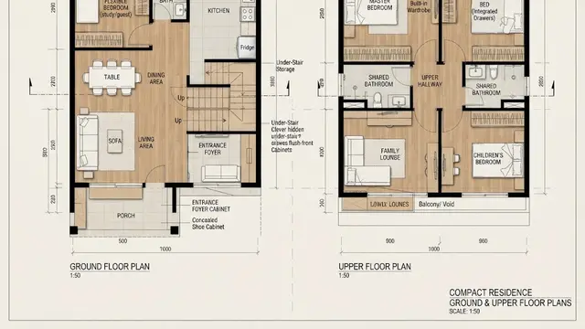 Rumah Dua Lantai dengan Ruang Penyimpanan di Bawah Tangga