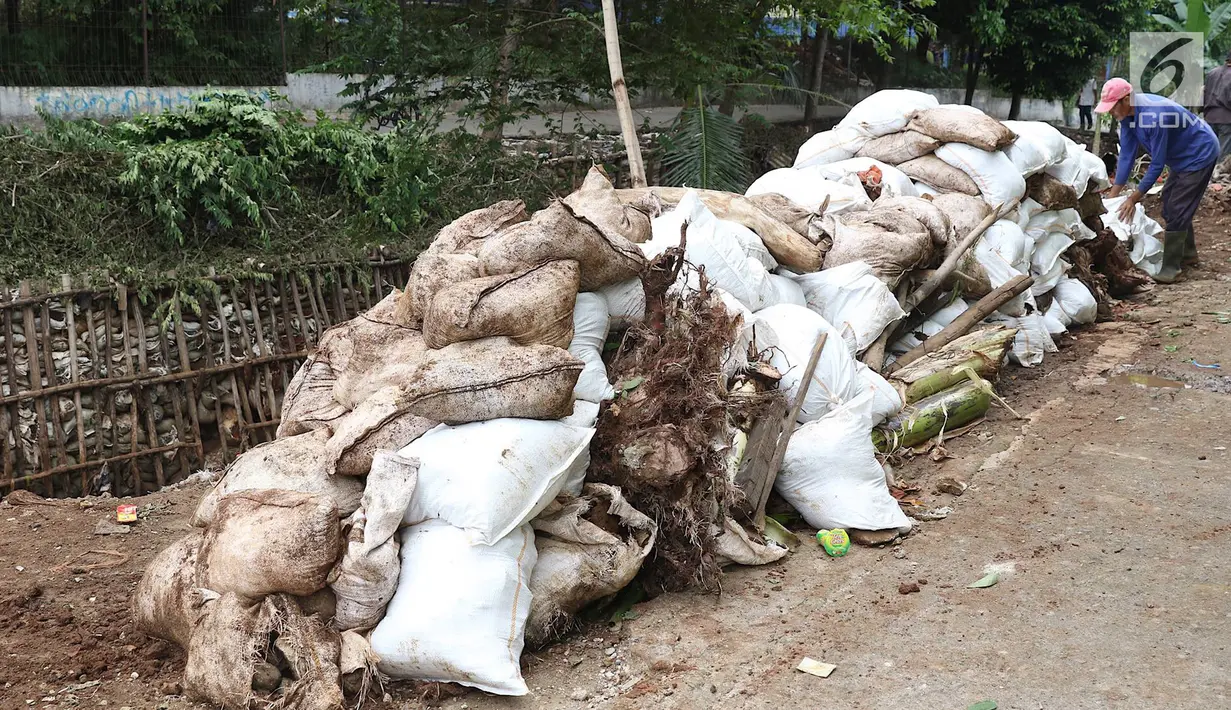 Pekerja membangun turap di bantaran Kali Setu Babakan, Jakarta, Sabtu (27/10). Turap dari tanah dan batu yang dimasukkan ke karung itu dibuat guna mencegah longsor yang sudah beberapa kali terjadi di kawasan tersebut. (Liputan6.com/Immanuel Antonius)