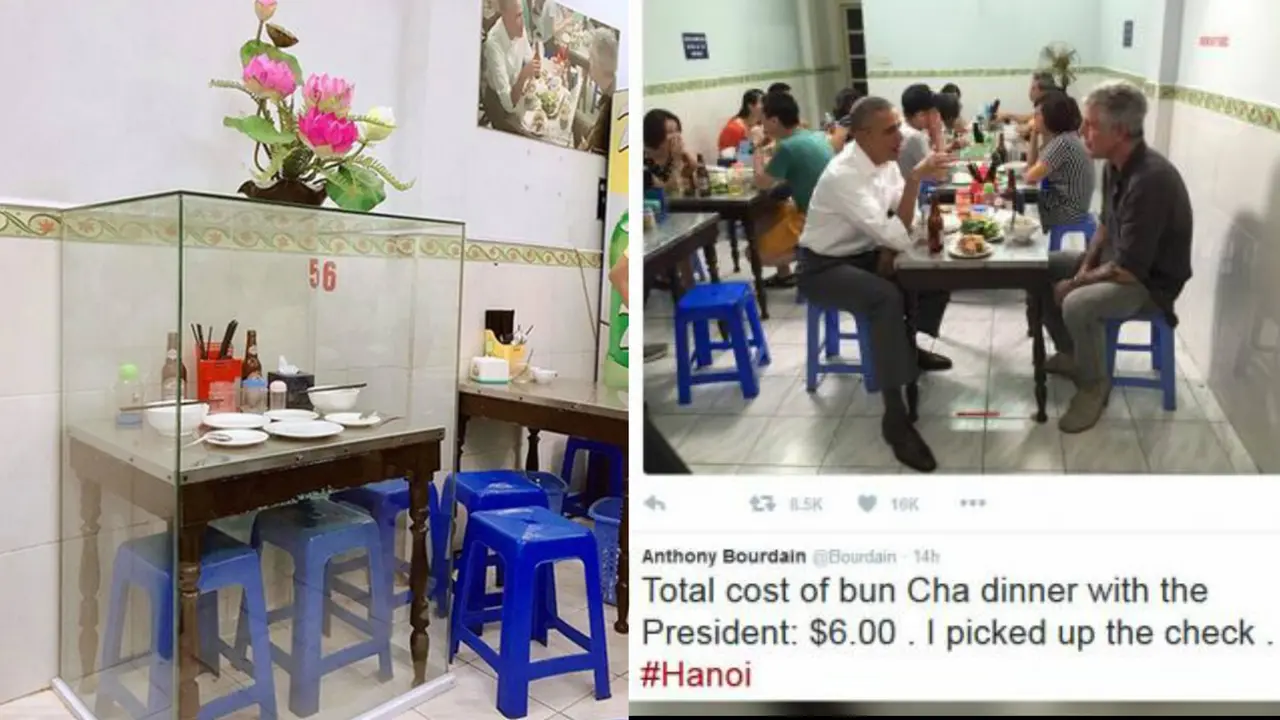 Barack Obama di warung bakmi Vietnam. (Kiri: Facebook Dam Ha Phu/ Kanan: Twitter Anthony Bourhain)