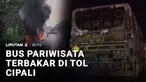 Sebuah bus pariwisata terbakar di Tol Cipali pada Minggu sore. Penyebab kebakaran diduga akibat korsleting listrik pada bagian mesin bus.