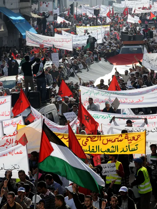 Para pengunjuk rasa membawa bendera dan spanduk Palestina untuk mendukung perjuangan Palestina. (FADEL SENNA / AFP)