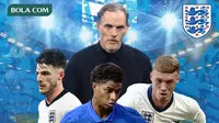Ilustrasi - Thomas Tuchel dikelilingi pemain Timnas Inggris Rashford, Cole Palmer, Declan Race, ada logo Timnas Inggris (Bola.com/Adreanus Titus/Geaby Fadhilatu Sholikha)