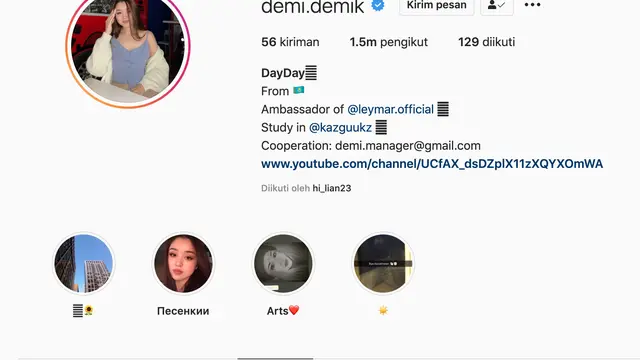 Akun Instagram terverifikasi Dayana. (Foto: Instagram @demi.demik)