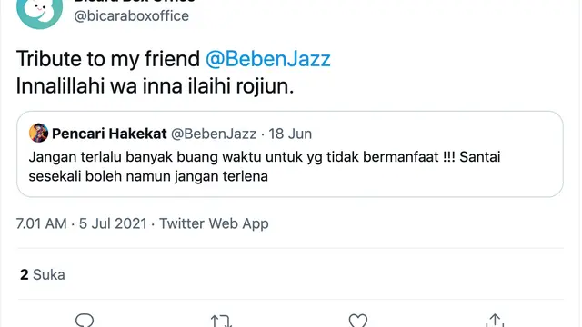 Cuitan Beben Jazz meninggal dunia. (Foto: Dok. Twitter @BicaraBoxOffice)