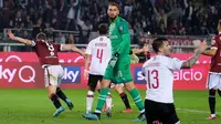 AC Milan menelan kekalahan 1-2 dari Torino pada laga pekan kelima Serie A, di Stadio Olimpico Grande Torino, Kamis (26/9/2019) malam WIB. (Alessandro Di Marco/ANSA via AP)