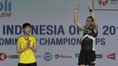 Pebulutangkis Taiwan, Tai Tzu Ying, melakukan selebrasi usai mengalahkan wakil Cina, Chen Yufei, pada final Indonesia Open 2018 di Istora Senayan, Jakarta, (8/6/2018). Tai Tzu Ying menang 21-23 21-15 21-9. (Bola.com/M Iqbal Ichsan)