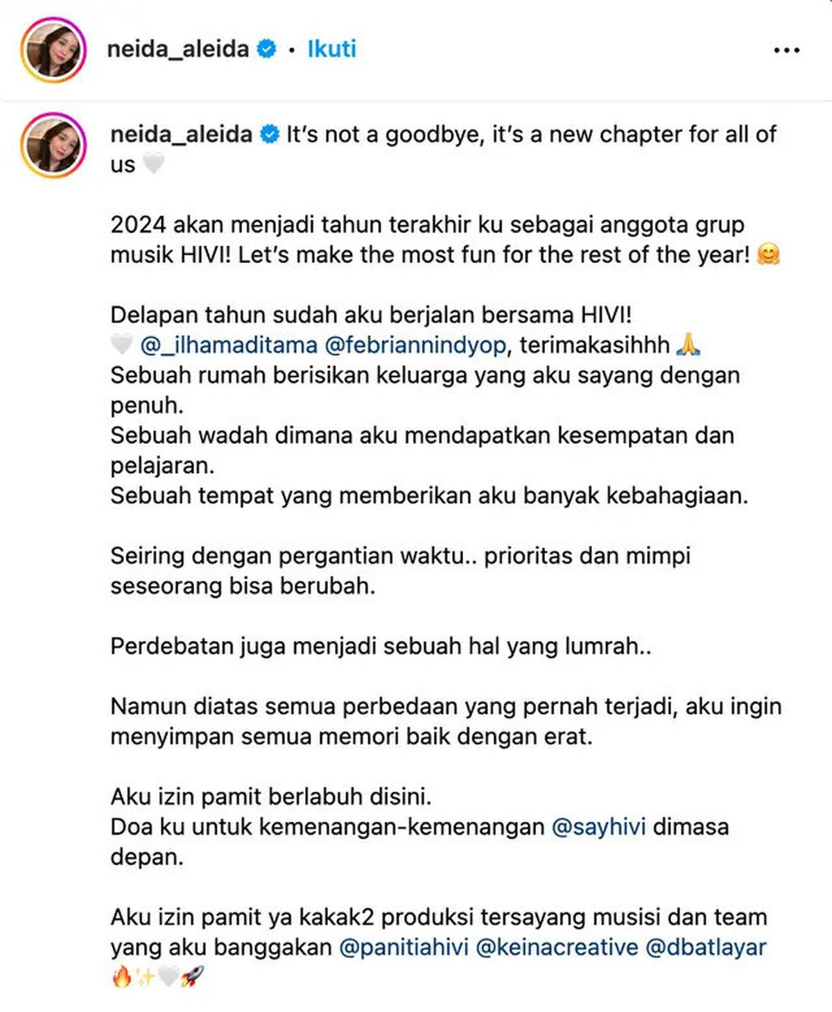 Heboh Neida Aleida Mundur dari Posisi Vokalis HiVi Setelah 8 Tahun: Aku Izin Pamit Berlabuh di Sini