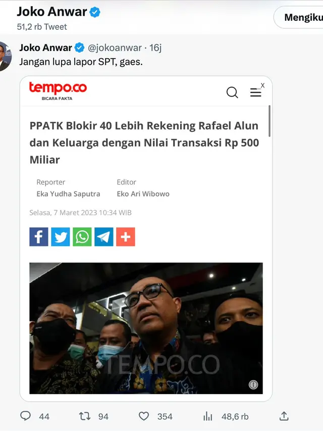 Unggahan Joko Anwar soal Rafael Alun Trisambodo. (Foto: Dok. Twitter terverifikasi @jokoanwar)