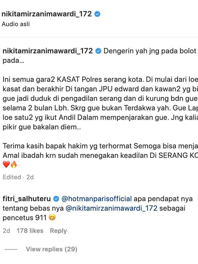 Unggahan Nikita Mirzani soal Dito Mahendra. (Foto: Dok. Instagram @nikitamirzanimawardi_172)
