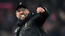 Ekspresi Pelatih Livepool, Jurgen klopp, saat merayakan kemenangan timnya ketika melawan Crystal Palace pada laga Premier League. (AFP/Paul Ellis)