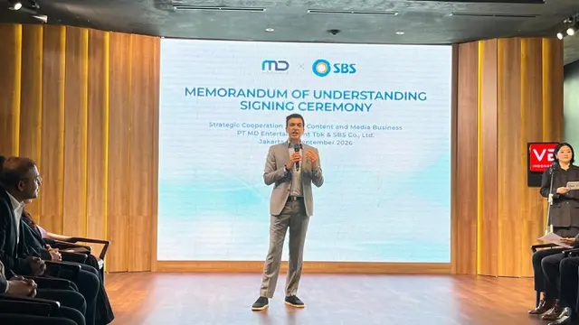 Manoj Punjabi dalam acara penandatanganan MoU strategic cooperation in the content and media business antara PT MD Entertainment Tbk & SBS Co., Ltd. dihelat di kawasan Jakarta pada pada Selasa, (29/9/2026). (Liputan6.com/Afradhiya N. R)