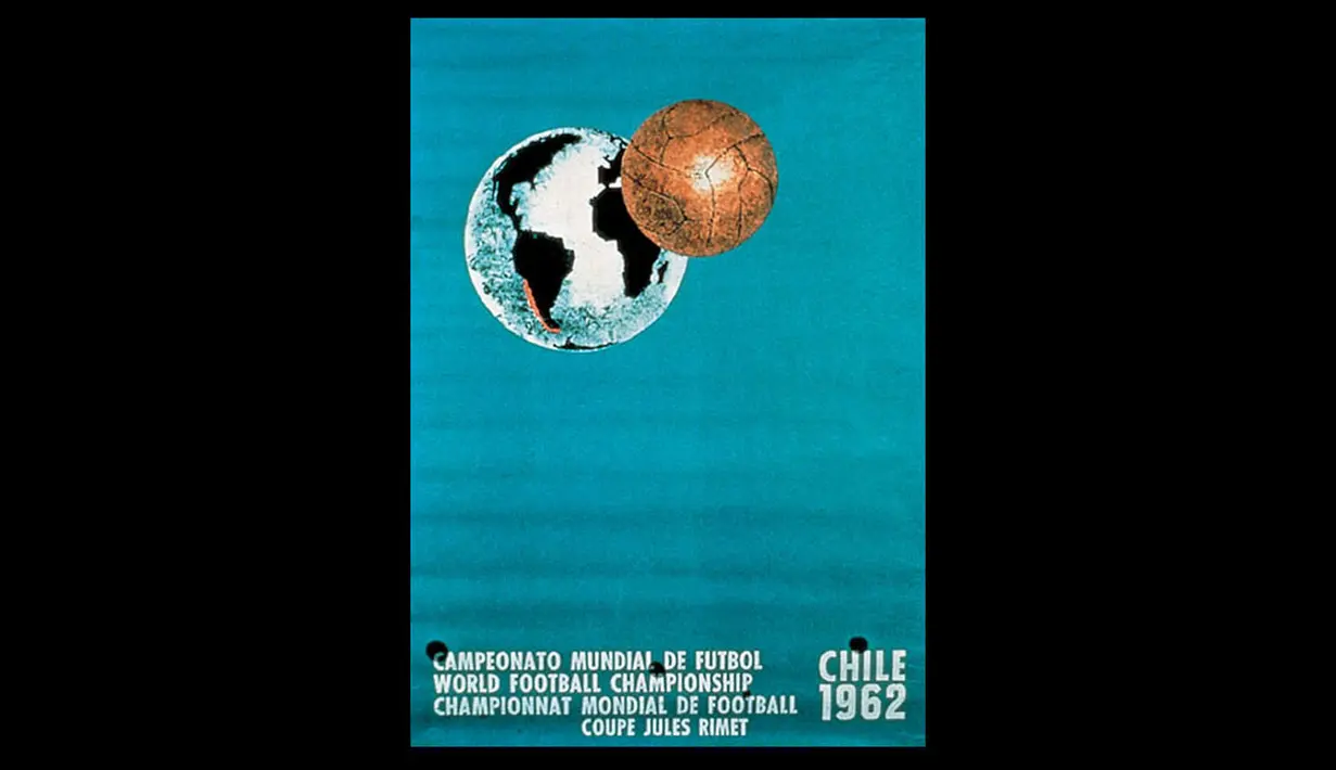 Poster Piala Dunia ke-7 tahun 1962 yang diselenggarakan di Cile. Gambar bola bersanding dengan bola dunia. Brazil keluar sebagai juara (Istimewa).