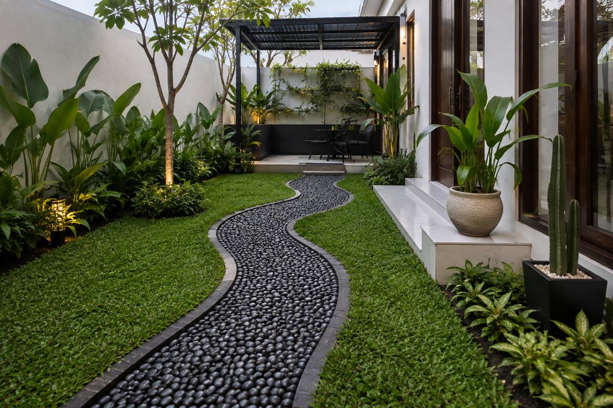 Inspirasi Kombinasi Batu Koral dan Rumput untuk Taman Minimalis
