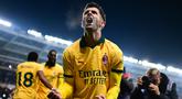 Pemain AC Milan, Christian Pulisic, melakukan selebrasi setelah mencetak gol ke gawang Torino pada laga pekan ke-14 Serie A 2025/2026 di Olimpico Grande Torino pada Selasa (9/12/2025). (AFP/Marco Bertorello)
