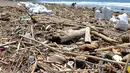 Seorang turis asing mengumpulkan sampah di antara tumpukan puing di pantai di Batu Belig di Kabupaten Badung setelah hanyut menyusul badai lepas pantai di Bali (14/12/2021). (AFP/Sony Tumbelaka)