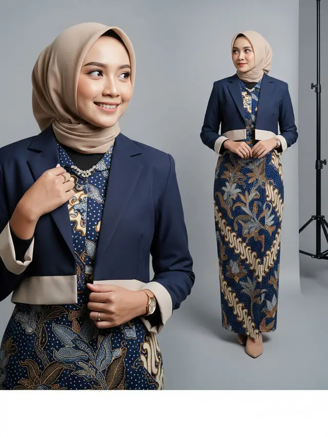 Model Gamis Batik Kombinasi Blazer Kantor yang Modis Cropped