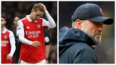 Foto Kolase: Reaksi kecewa pemain Arsenal, Martin Odegaard (kiri) dan pelatih Liverpool, Jurgen Klopp setelah timnya mengalami kekalahan pada pekan ke-22 Liga Inggris 2022/2023, Sabtu (04/02/2023). (AFP/Paul Ellis dan AP via PA/Tim Goode)