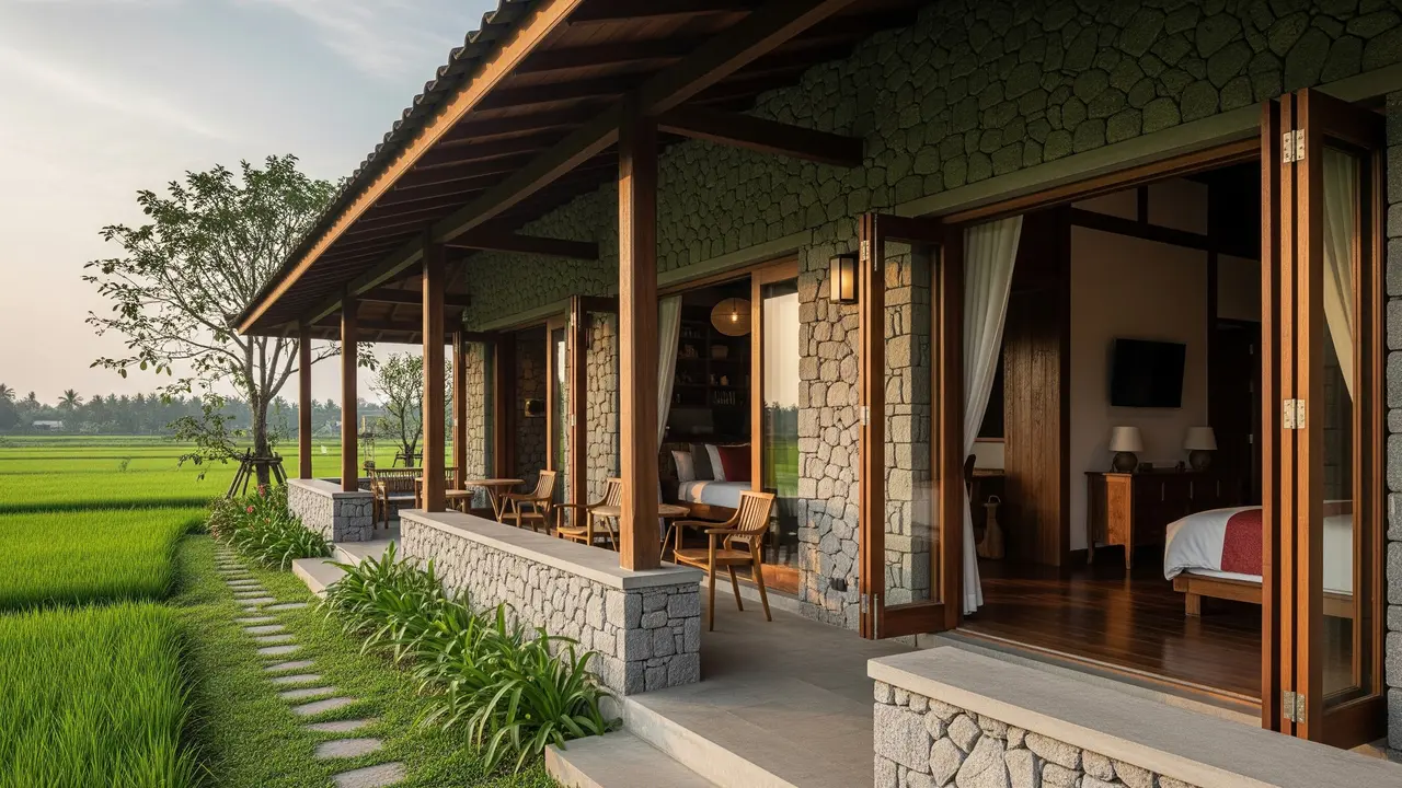 Desain Rumah Pedesaan dengan Teras Lebar Menghadap Sawah (Gambar: Gemini AI)