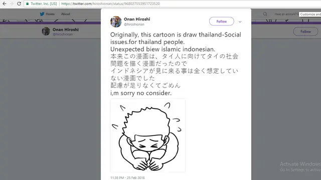 Permintaan maaf kartunis Jepang Onan Hiroshi (Twitter/@hiroshionan)