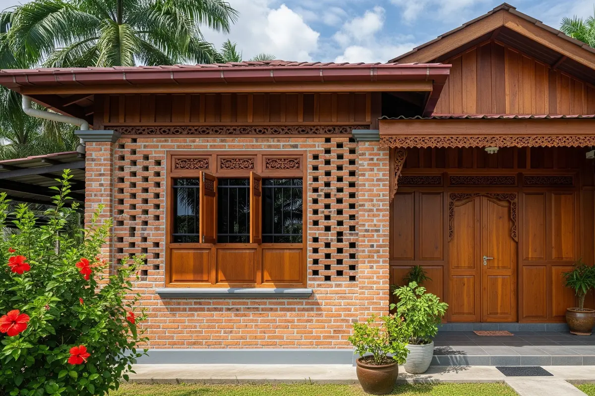 Rumah Kampung dengan Dinding Roster Kombinasi Kayu/Gemini AI