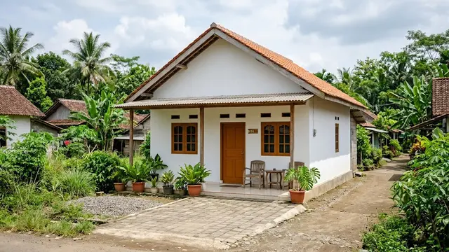 Rumah Desa Atap Pelana dengan Fasad Putih