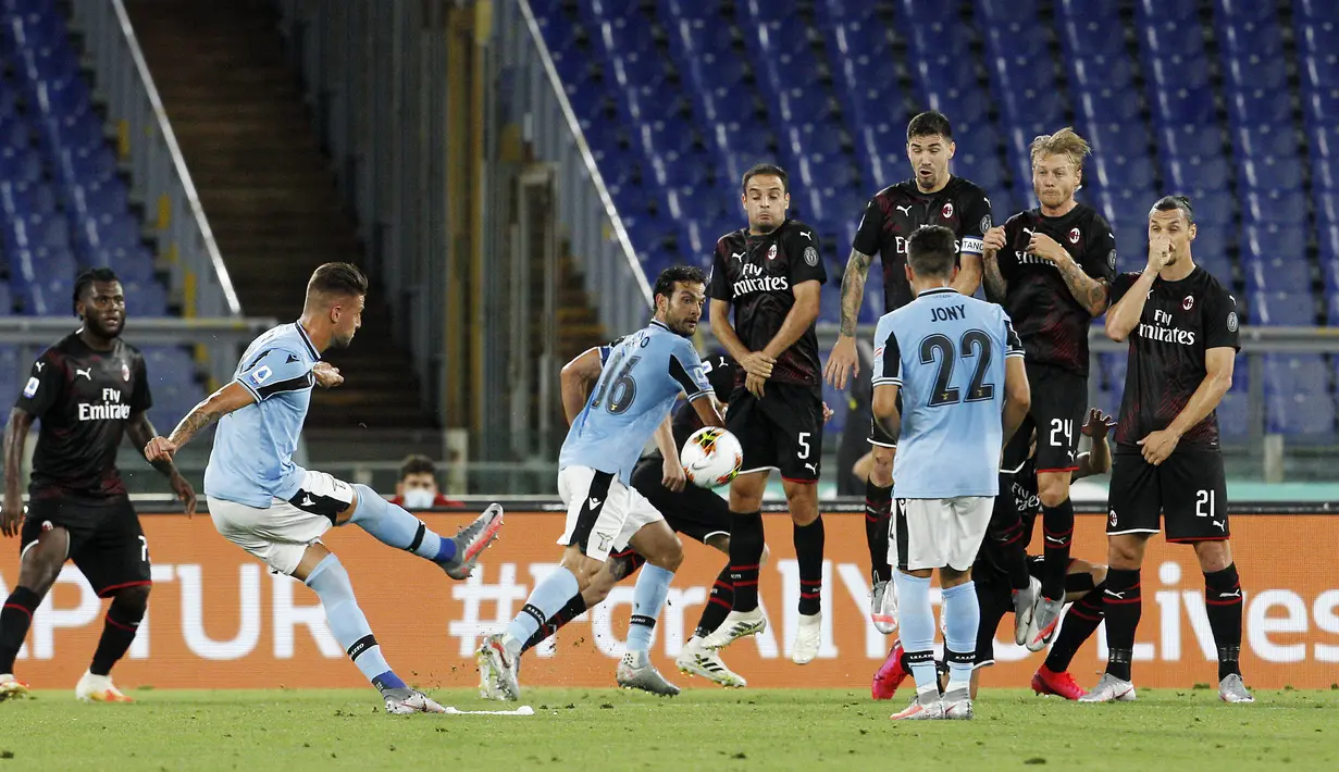 Pemain Lazio Sergej Milinkovic-Savic (kedua kiri) menendang bola saat menghadapi AC Milan pada pertandingan Serie A di Olympic Stadium, Roma, Italia, Sabtu (4/7/2020). AC Milan mengalahkan Lazio dengan skor 3-0. (AP Photo/Riccardo De Luca)