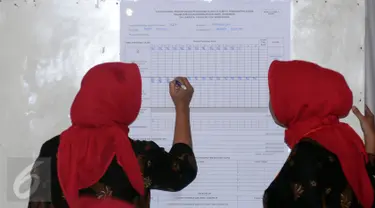 Petugas KPPS mencatat hasil penghitungan surat suara Pilkada DKI Jakarta putaran 2 di TPS 027, Kebagusan, Jakarta, Rabu (19/4). Pasangan Anis Baswedan-Sandiaga Uno unggul 292-252. (Liputan6.com/Helmi Fithriansyah)