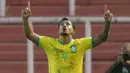 Pemain Brasil U-20, Marcos Leonardo melakukan selebrasi setelah mencetak gol kedua ke gawang Dominika U-20 pada laga matchday kedua Grup D Piala Dunia U-20 2023 di Stadion Malvinas, Argentina, Kamis (25/05/2023) dini hari WIB. Brasil menang dengan skor 6-0. (AP Photo/Natacha Pisarenko)