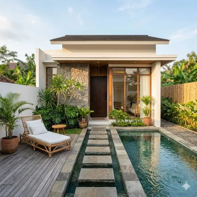 Desain Rumah 1 Lantai 6x10 dengan Kolam Mini Ala Villa
