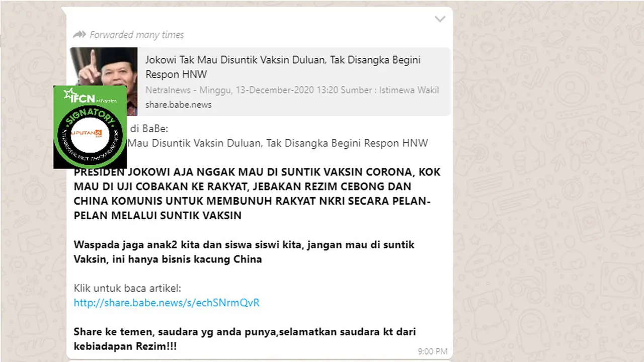 Cek Fakta Liputan6.com menelusuri klaim Jokowi tidak mau disuntik vaksin Covid-19