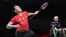 Tunggal putra Indonesia, Jonatan Christie, menyumbangkan angka untuk Indonesia sekaligus membalikkan keadaan menjadi 2-1 atas Denmark dalam laga semifinal Piala Thomas 2020. (AFP/Ritzau Scanpix/Claus Fisker)
