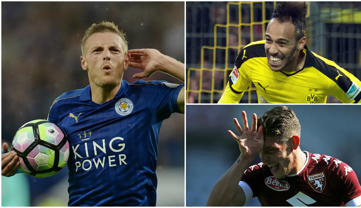 Berikut ini Jamie Vardy dan lima striker yang masuk dalam daftar incaran Liverpool pada bursa transfer musim panas 2017 mendatang. (AFP)