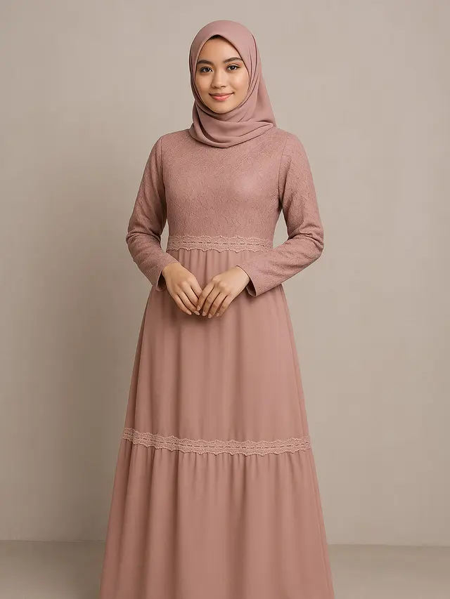 7 Model Gamis Kombinasi Renda Tempel, Manis dan Elegan untuk Tampil Anggun