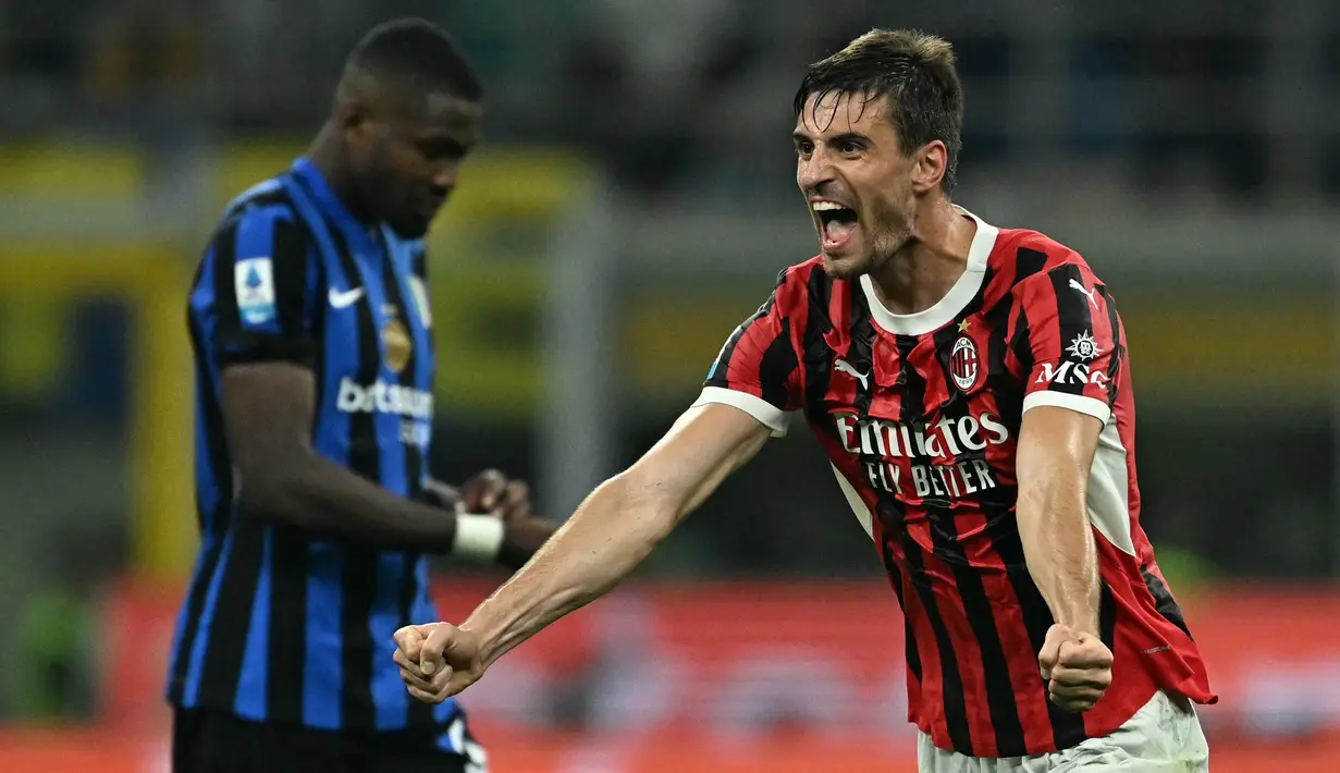 Pada menit ke-89, Matteo Gabbia mencetak gol penentu kemenangan AC Milan atas Inter Milan. (Gabriel BOUYS/AFP)
