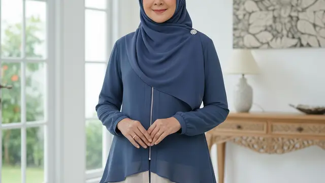Model Gamis Resleting Depan untuk Wanita 50 Tahun
