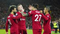 Ekspresi para pemain Liverpool usai mencetak gol ke gawang Leicester dalam lanjutan pekan ke-18 Liga Inggris 2022/2023, Sabtu (31/12/2022) dini hari WIB. (AP Photo/Jon Super)
