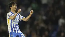 Kaoru Mitoma dari Brighton&nbsp;berselebrasi setelah pertandingan Premier League antara Brighton dan Liverpool di American Express Stadium Senin, 19 Mei 2025. (AP Photo/Ian Walton)