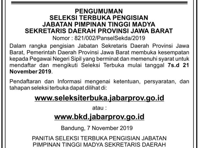 Pendaftaran Seleksi Terbuka Untuk Jabatan Sekda Jabar Resmi