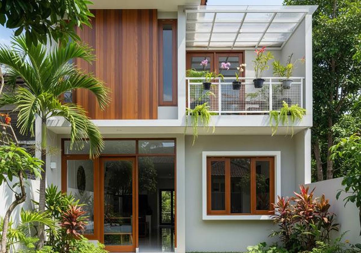 Rumah Tropis Modern dengan Balkon Tanaman/Desain Tampak Depan Rumah Mungil dengan Balkon Mini (Sumber: gemini.com)