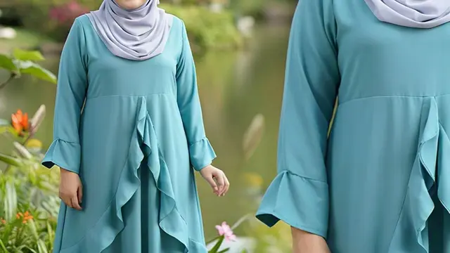 Gamis A-Line untuk Wanita Gemuk dengan Aksen Ruffle Bawah/Nurul Diva Kautsar via Meta AI